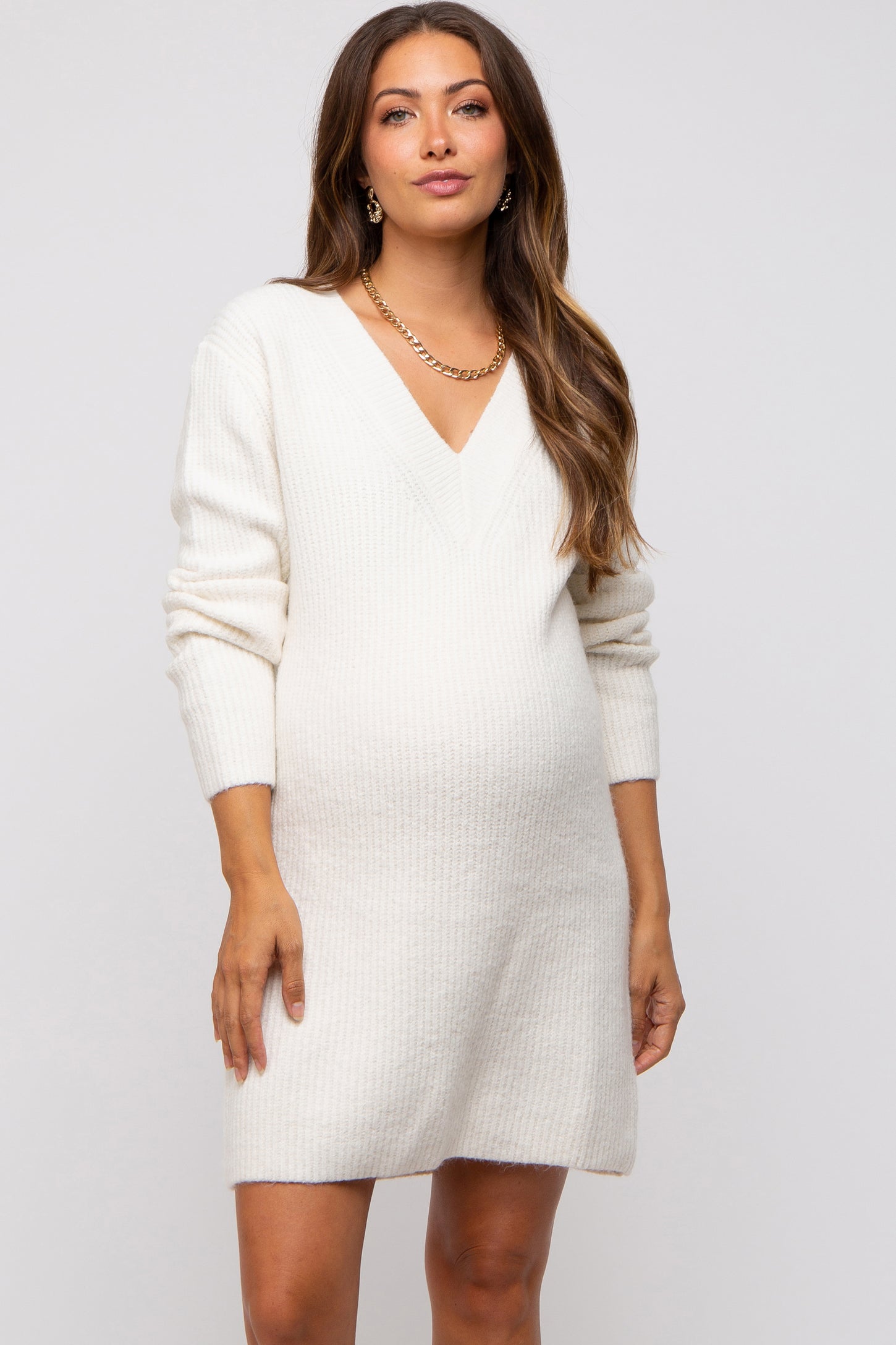 Ivory V-Neck Oversized Maternity Sweater Dress PinkBlush Ivory V-Neck Oversized Maternity Sweater Dress PinkBlush