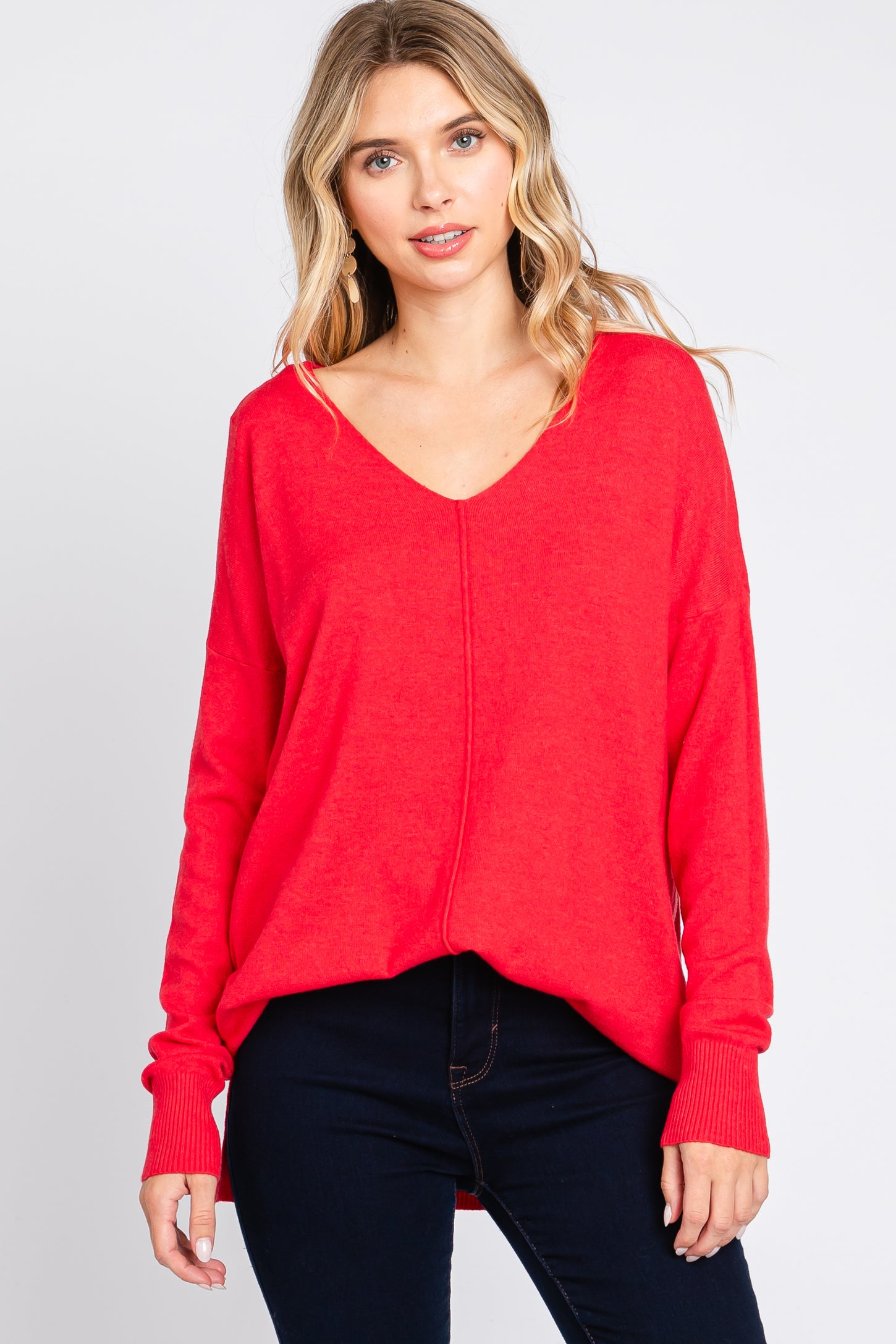 Red Long Sleeve Side Slit Maternity Sweater