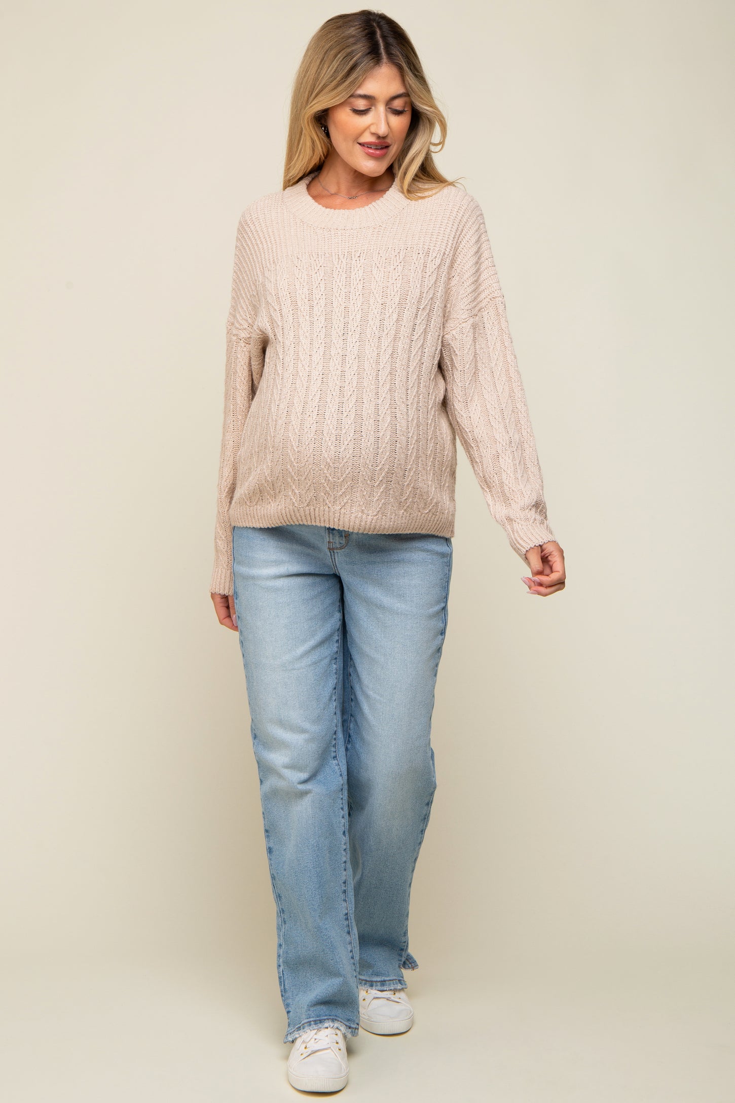 Cream Beige Cable Knit Maternity Sweater
