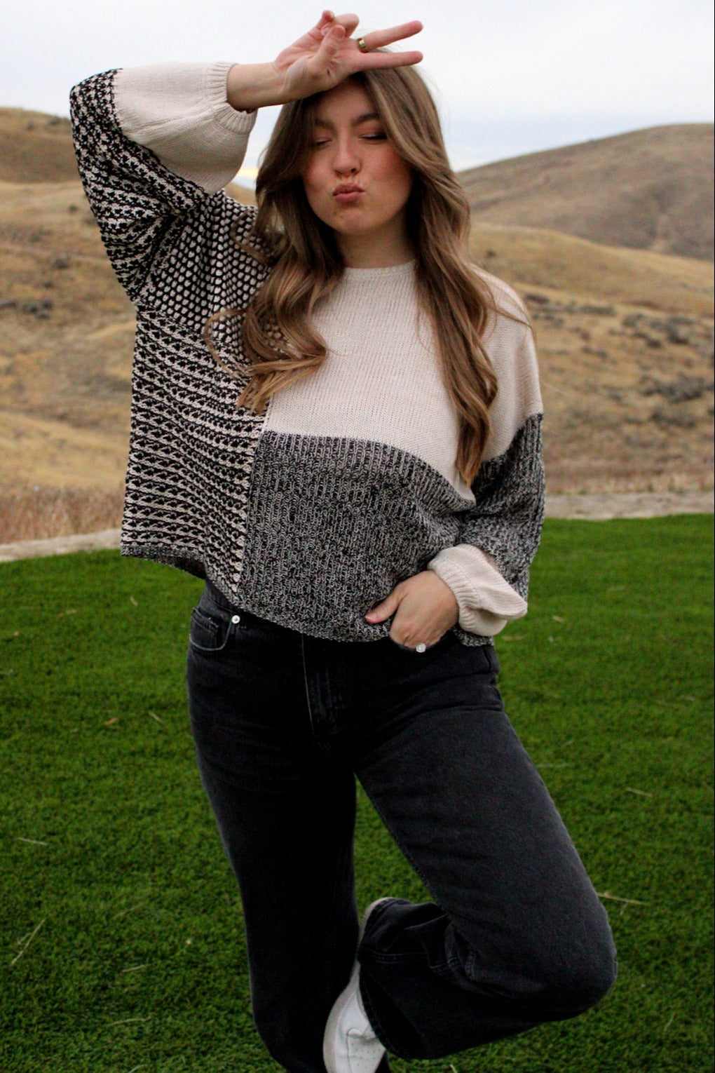 Black Multi Drop Shoulder Colorblock Knit Sweater