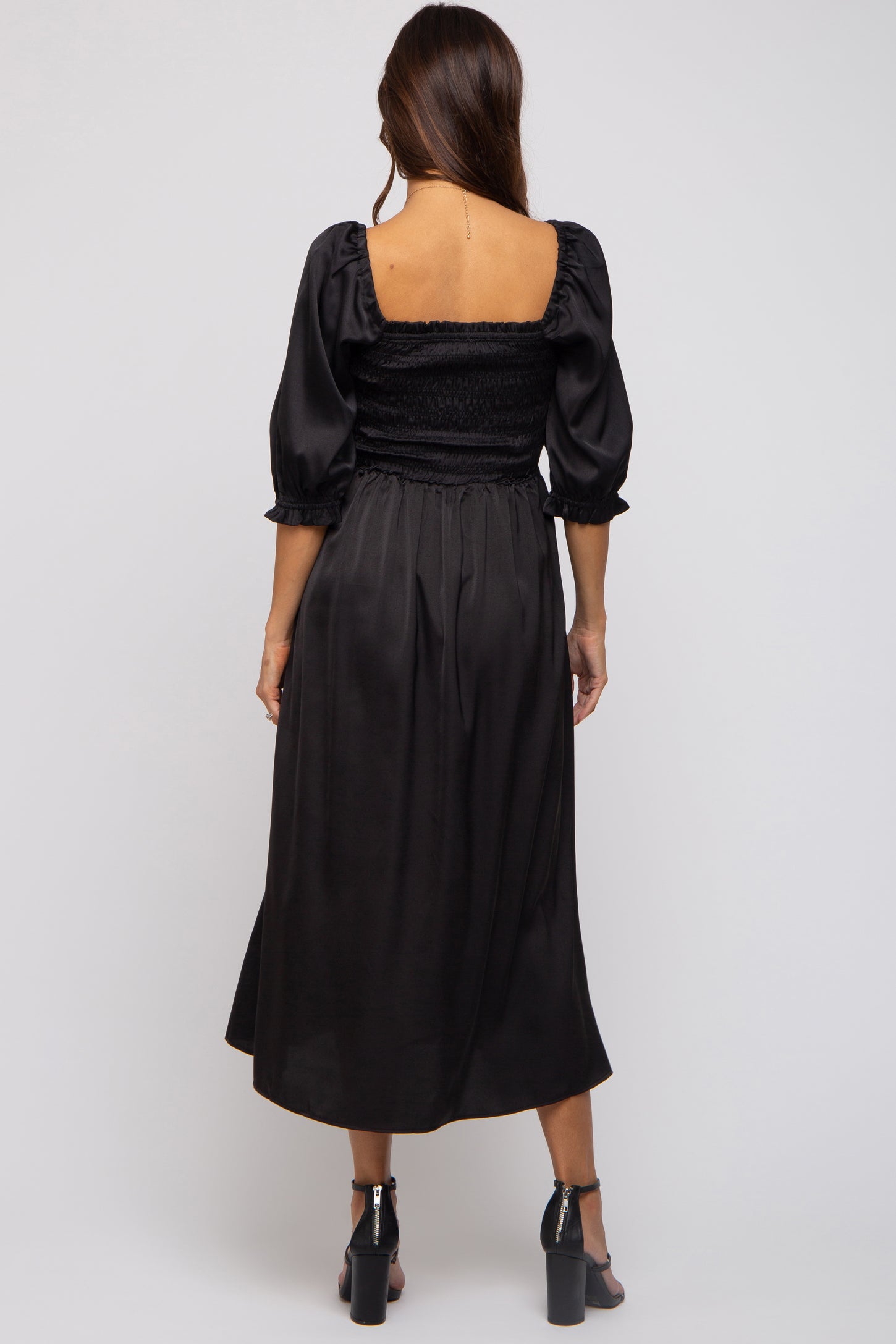 Black Satin Smocked Maternity Midi Dress