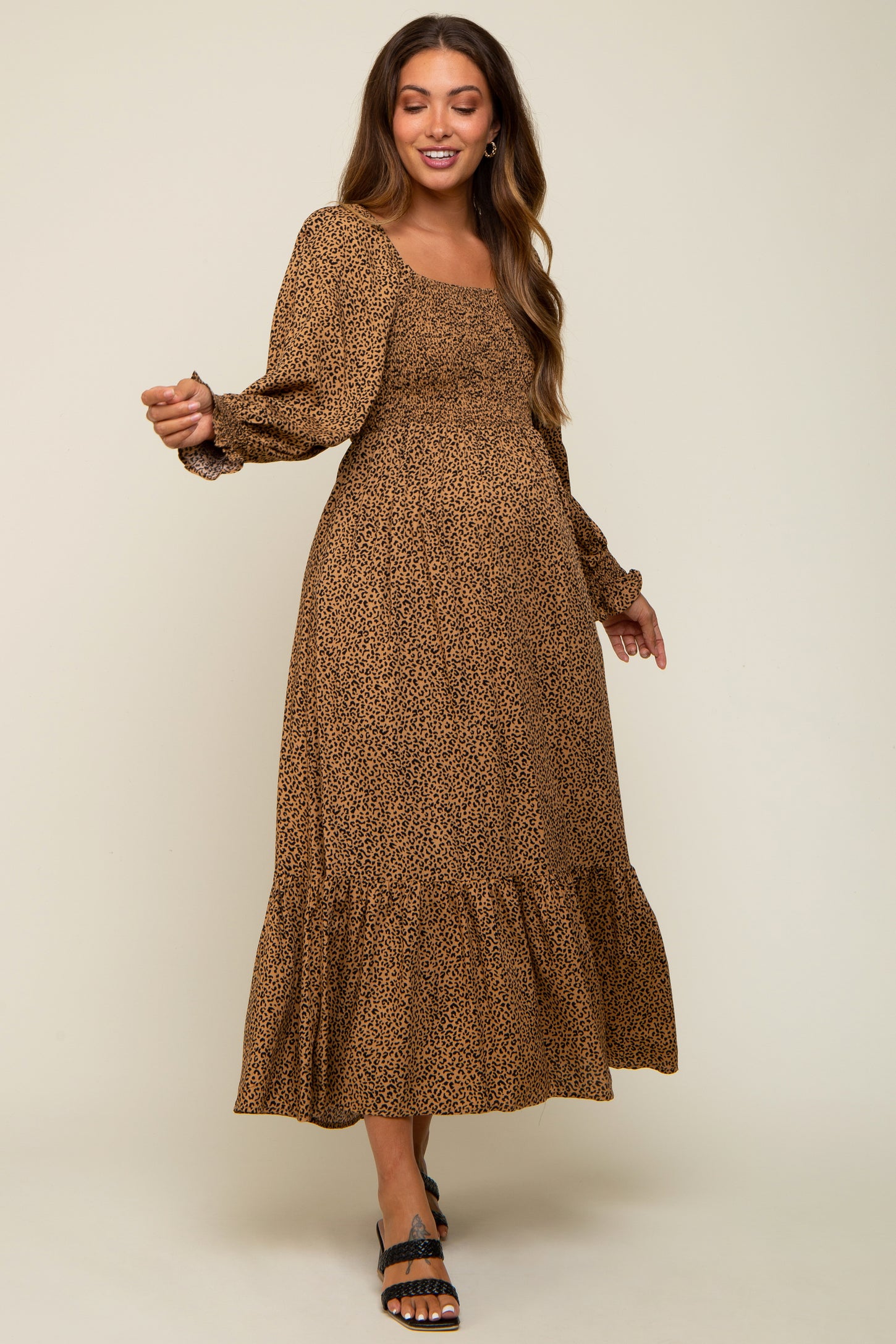 Camel Leopard Print Square Neck Smocked Maternity Midi Dress