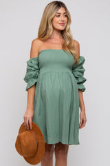 Green Smocked Off Shoulder Long Sleeve Maternity Dress