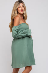 Green Smocked Off Shoulder Long Sleeve Maternity Dress