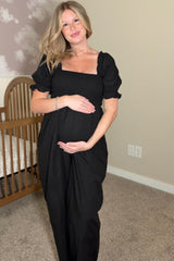 Black Smocked Square Neck Wide Leg Maternity Jumpsuit