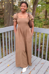 Brown Smocked Square Neck Wide Leg Jumpsuit