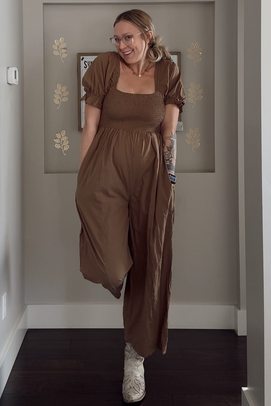 Brown Smocked Square Neck Wide Leg Maternity Jumpsuit