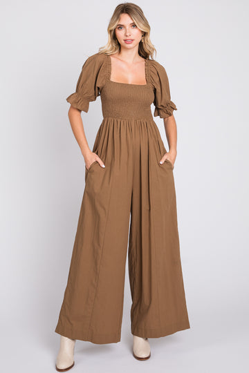 Brown Smocked Square Neck Wide Leg Jumpsuit