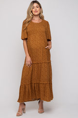 Camel Ditsy Floral Smocked Ruffle Tiered Maternity Midi Dress
