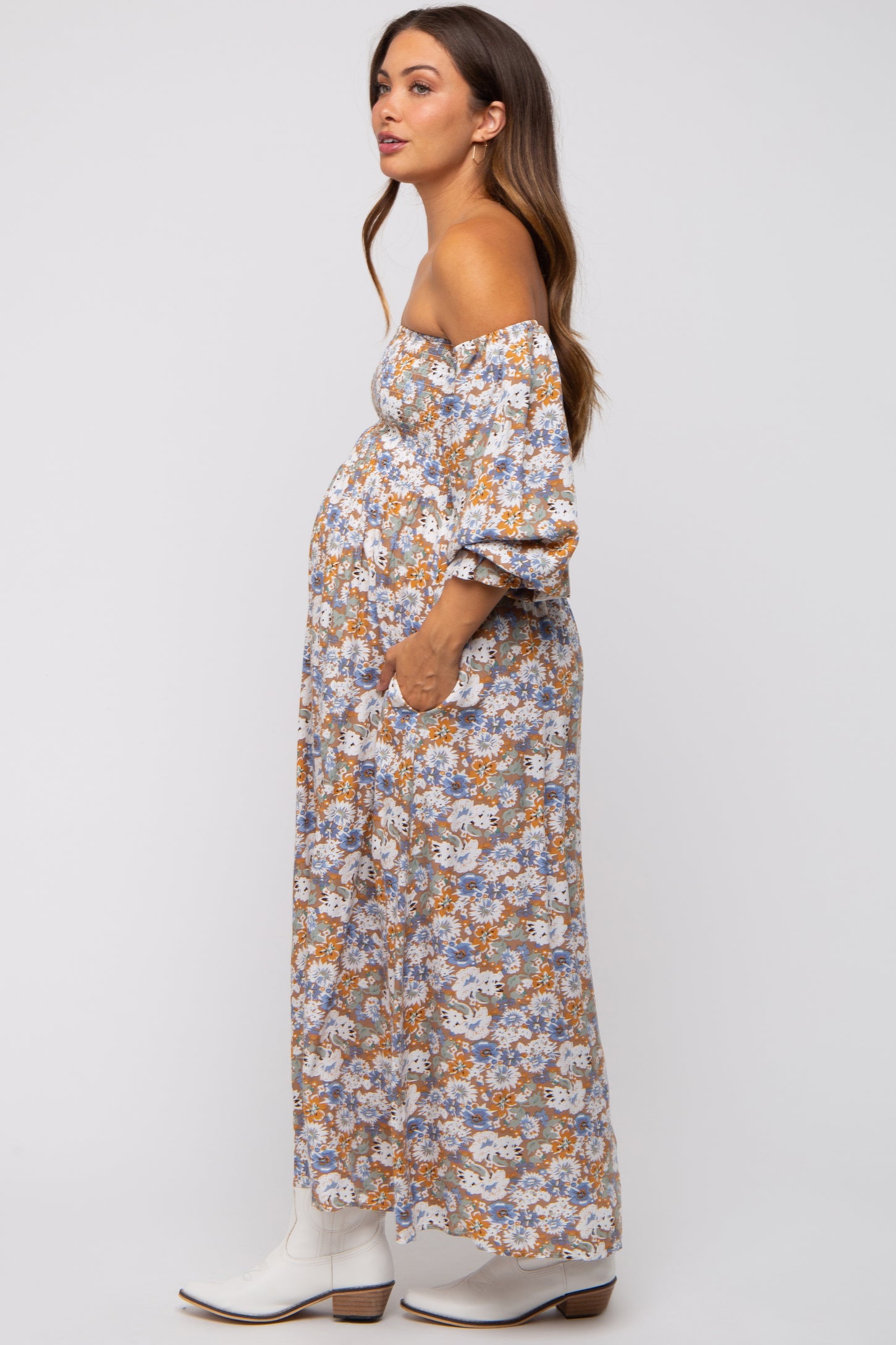 Taupe Floral Print Off Shoulder Smocked Maternity Maxi Dress