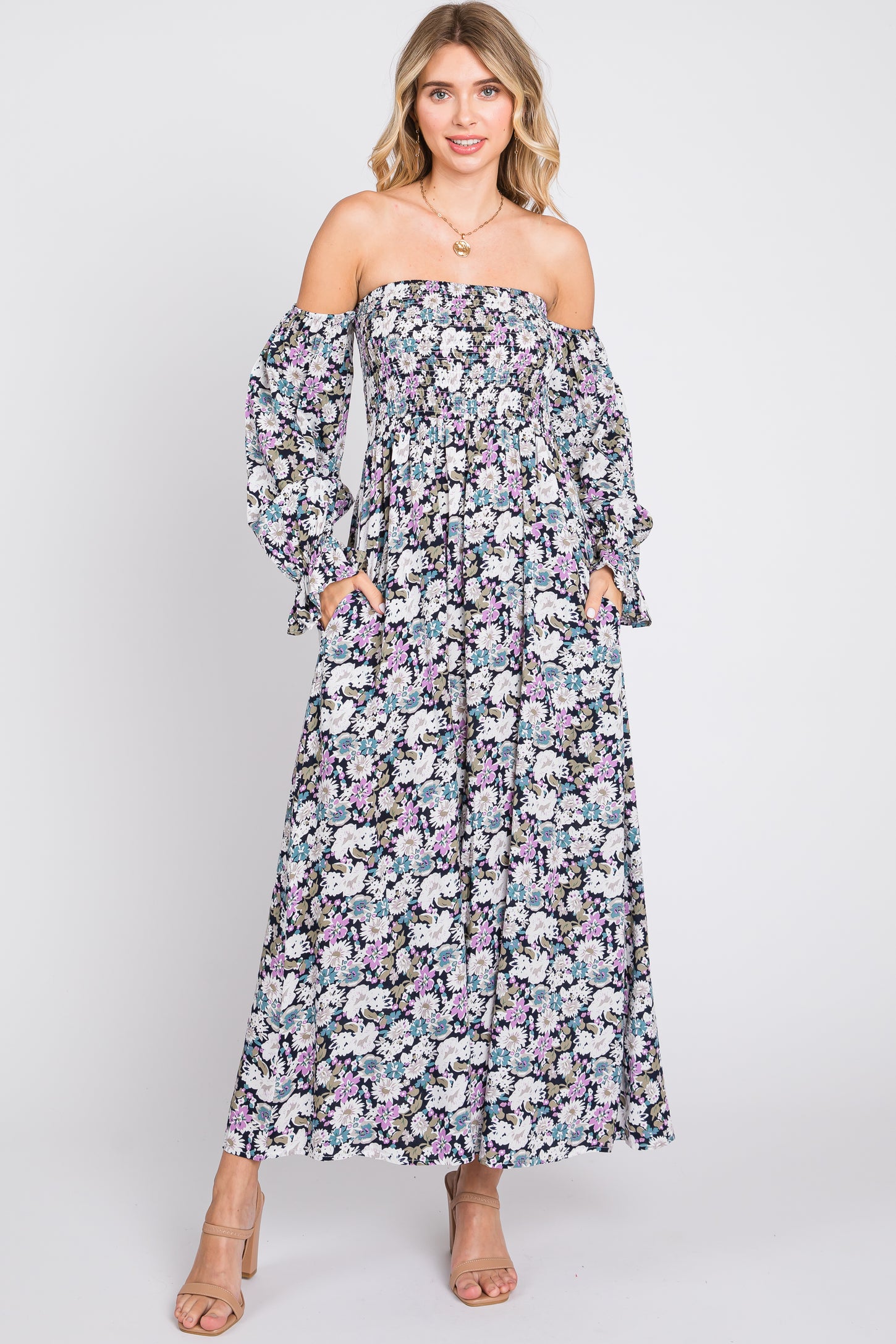 Black Floral Print Off Shoulder Smocked Maxi Dress