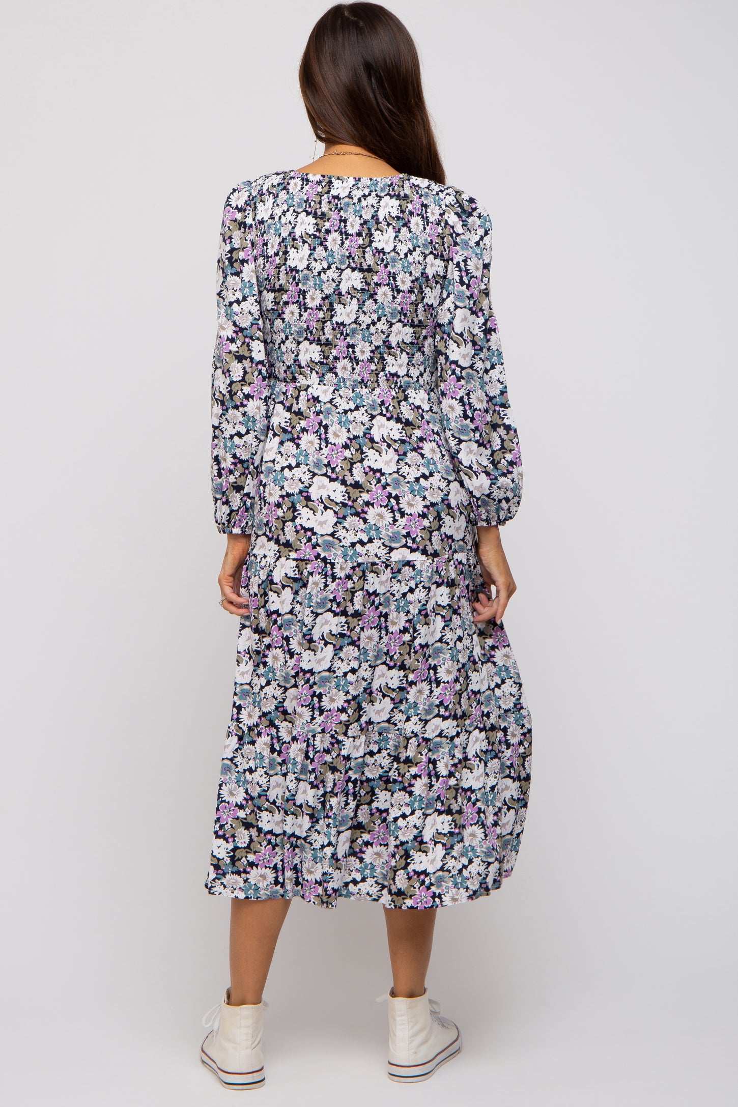 Black Floral Smocked Tiered Maternity Midi Dress