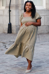 Olive Gingham Smocked Maternity Midi Dress