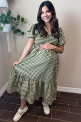 Olive Gingham Smocked Maternity Midi Dress