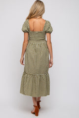 Olive Gingham Smocked Maternity Midi Dress