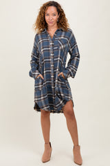 Blue Plaid Button Down Raw Hem Maternity Dress
