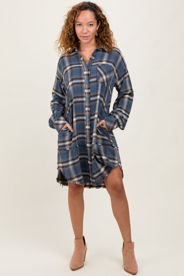 Blue Plaid Button Down Raw Hem Maternity Dress