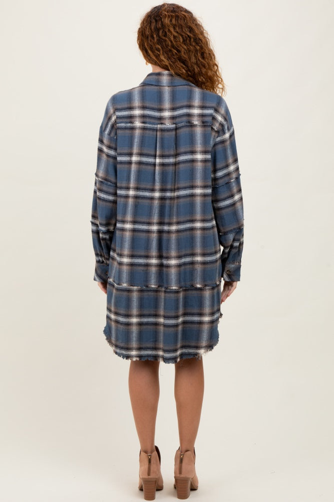 Blue Plaid Button Down Raw Hem Dress