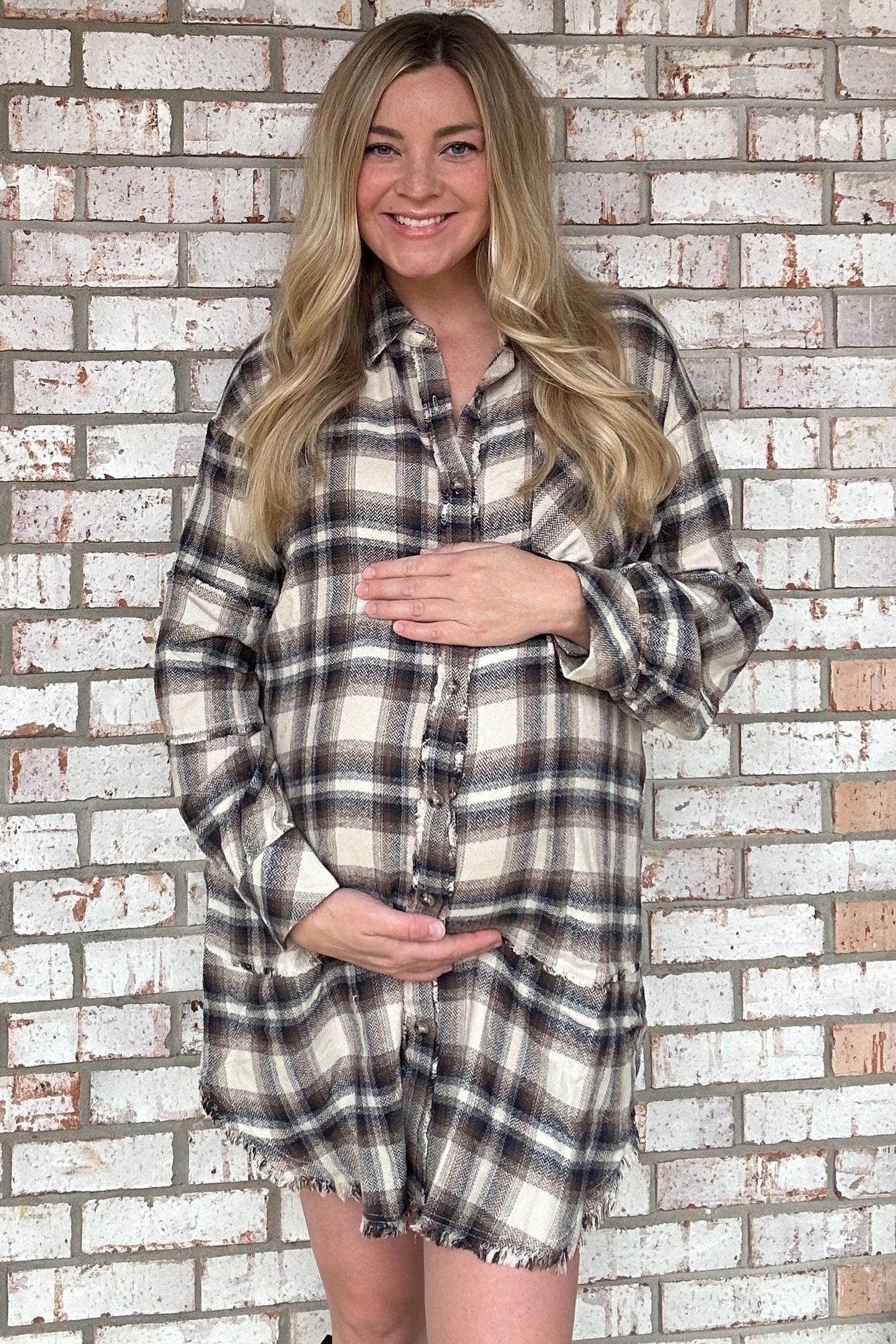 Taupe Plaid Button Down Raw Hem Maternity Dress