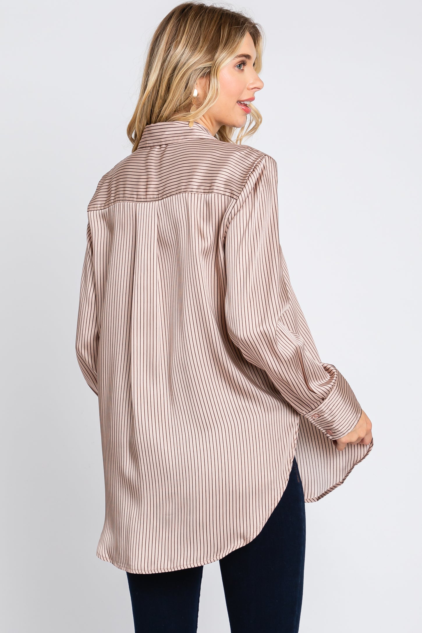 Mauve Striped Satin Button Up Top