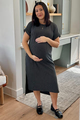 Charcoal Ribbed Short Sleeve Maternity Midi Dress