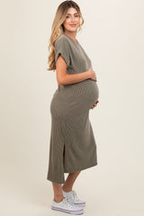 Olive Ribbed Short Sleeve Maternity Midi Dress