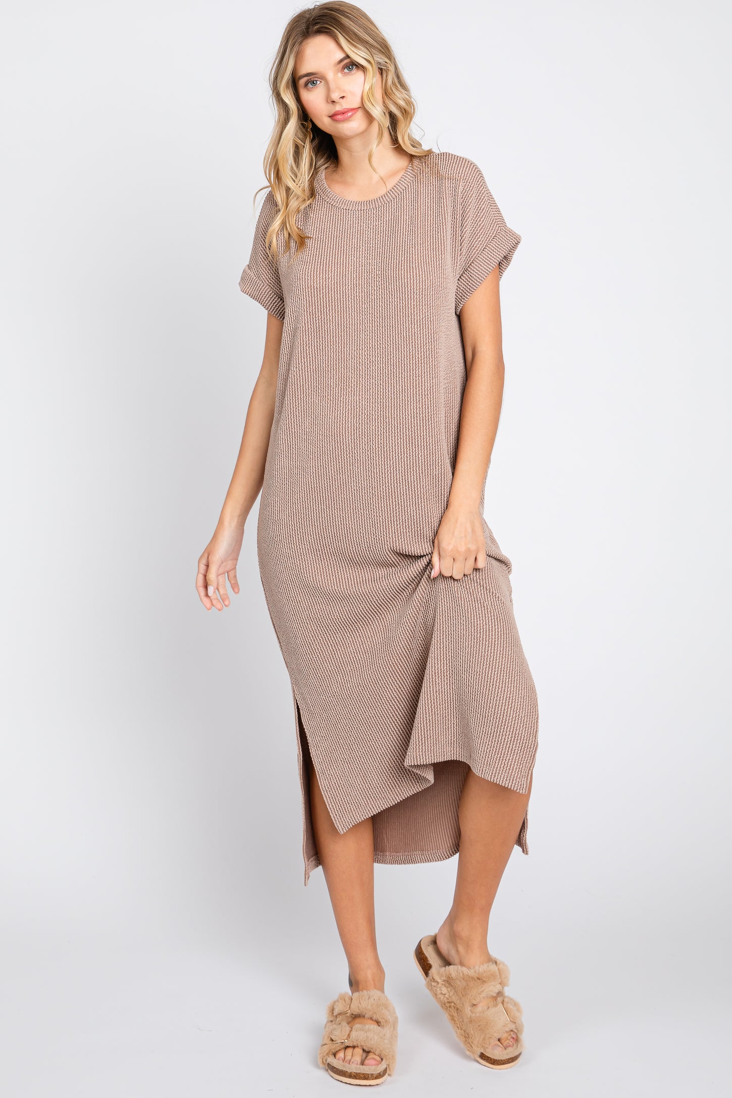 Mocha Ribbed Short Sleeve Midi Dress