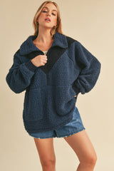 Navy Blue Colorblock Half Zip Fleece Pullover