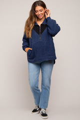 Navy Blue Colorblock Half Zip Fleece Maternity Pullover