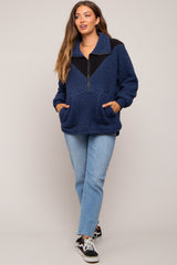 Navy Blue Colorblock Half Zip Fleece Maternity Pullover