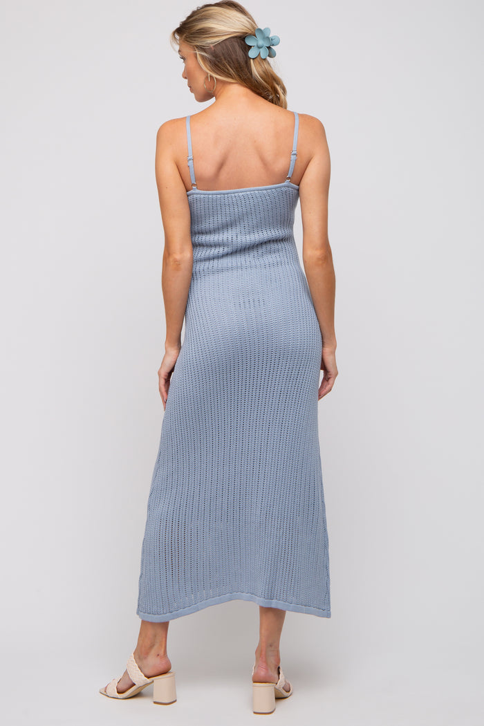 Light Blue Open Knit Crochet Maternity Midi Dress
