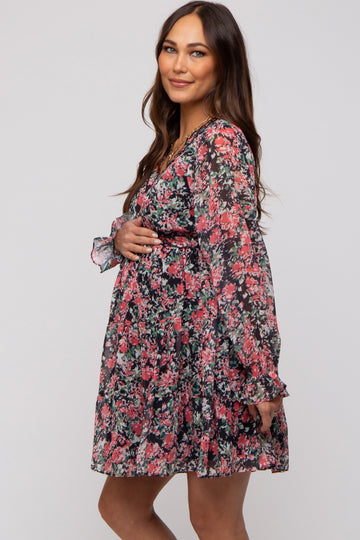 Black Floral Ruffle Accent Maternity Dress