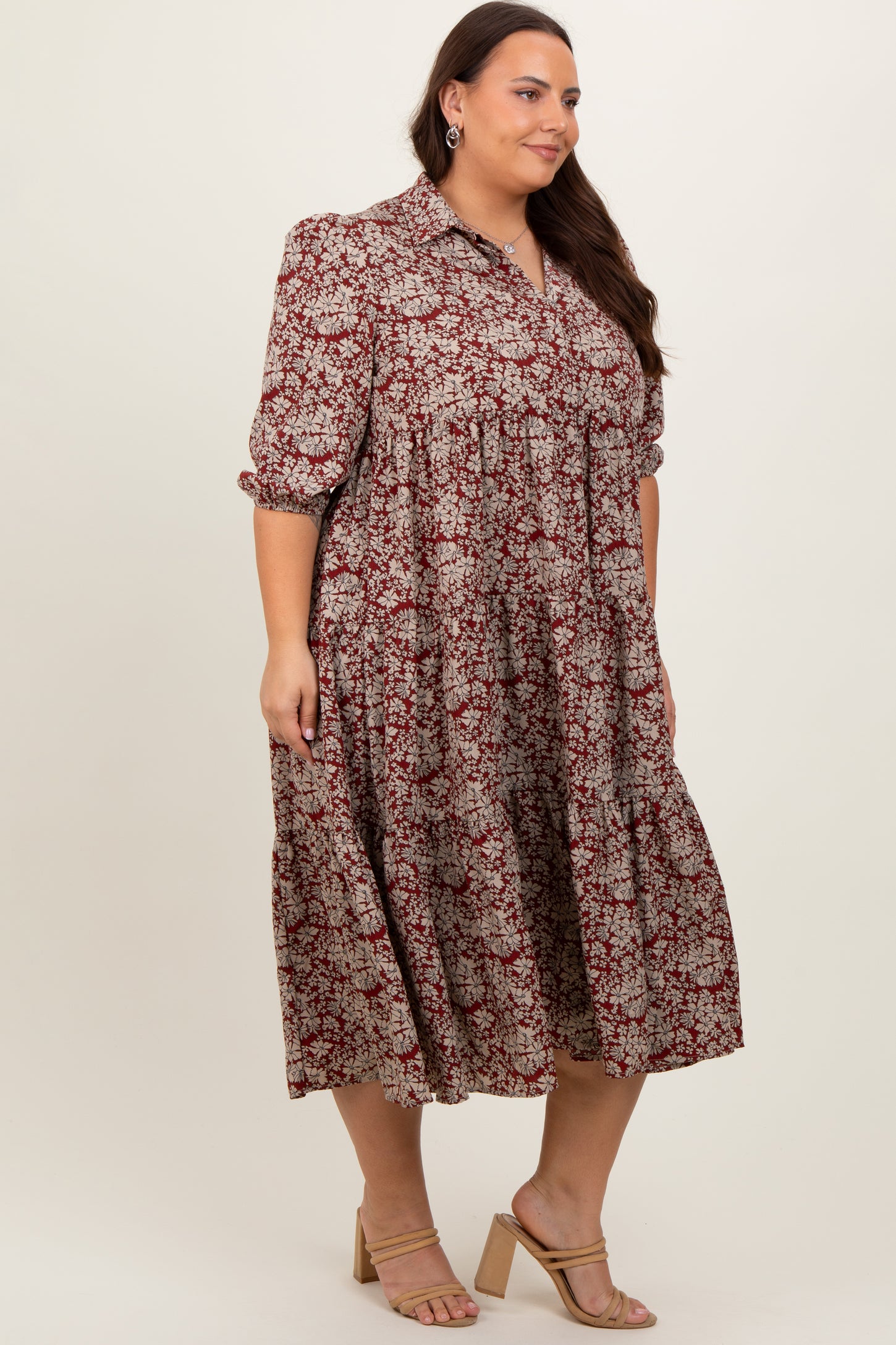 Burgundy Floral Collared Tiered Plus Maxi Dress