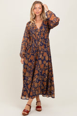 Navy Floral Long Sleeve V-Neck Maxi Dress
