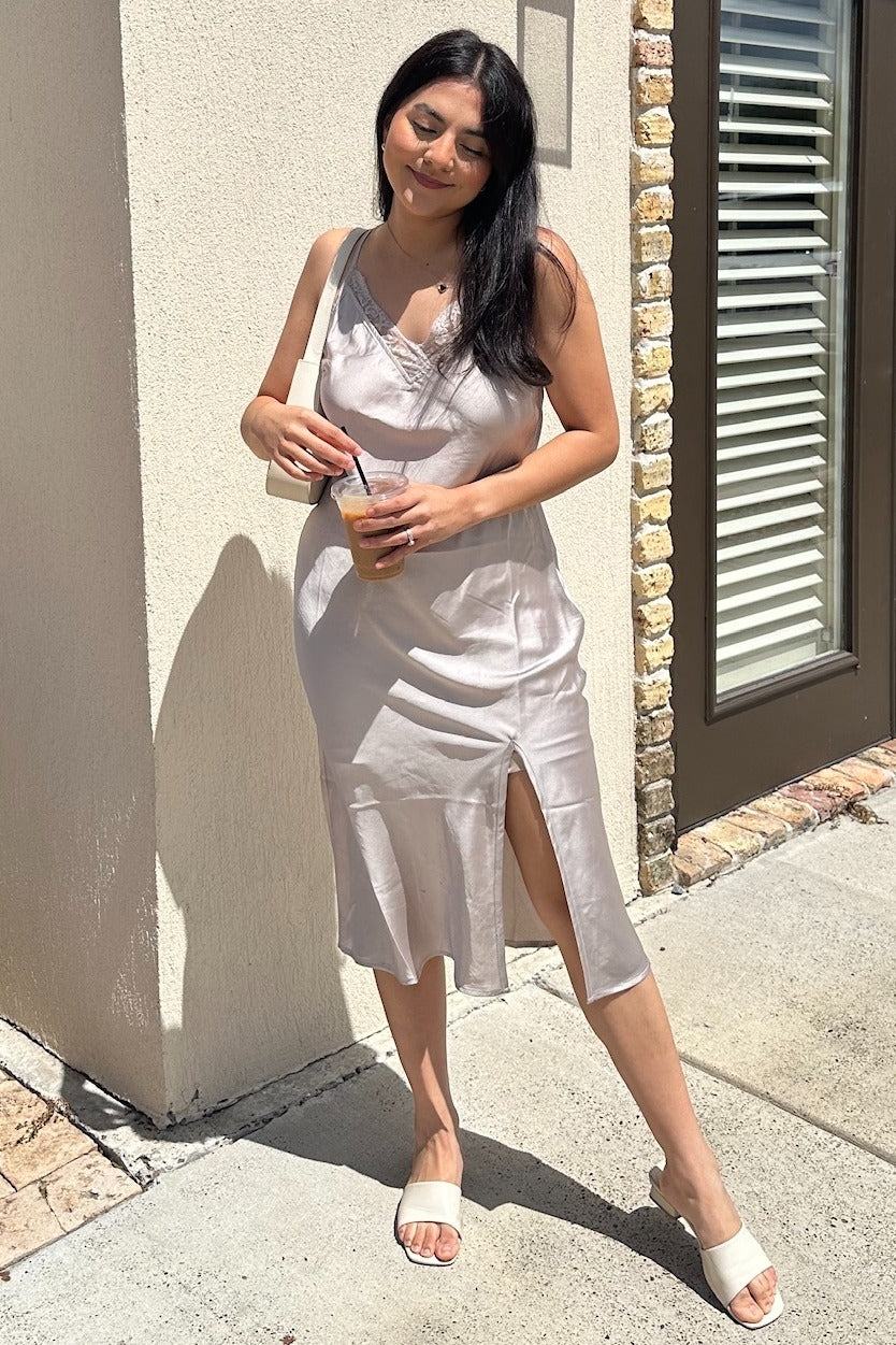 Champagne Lace Trim V Neck Satin Midi Slip Dress