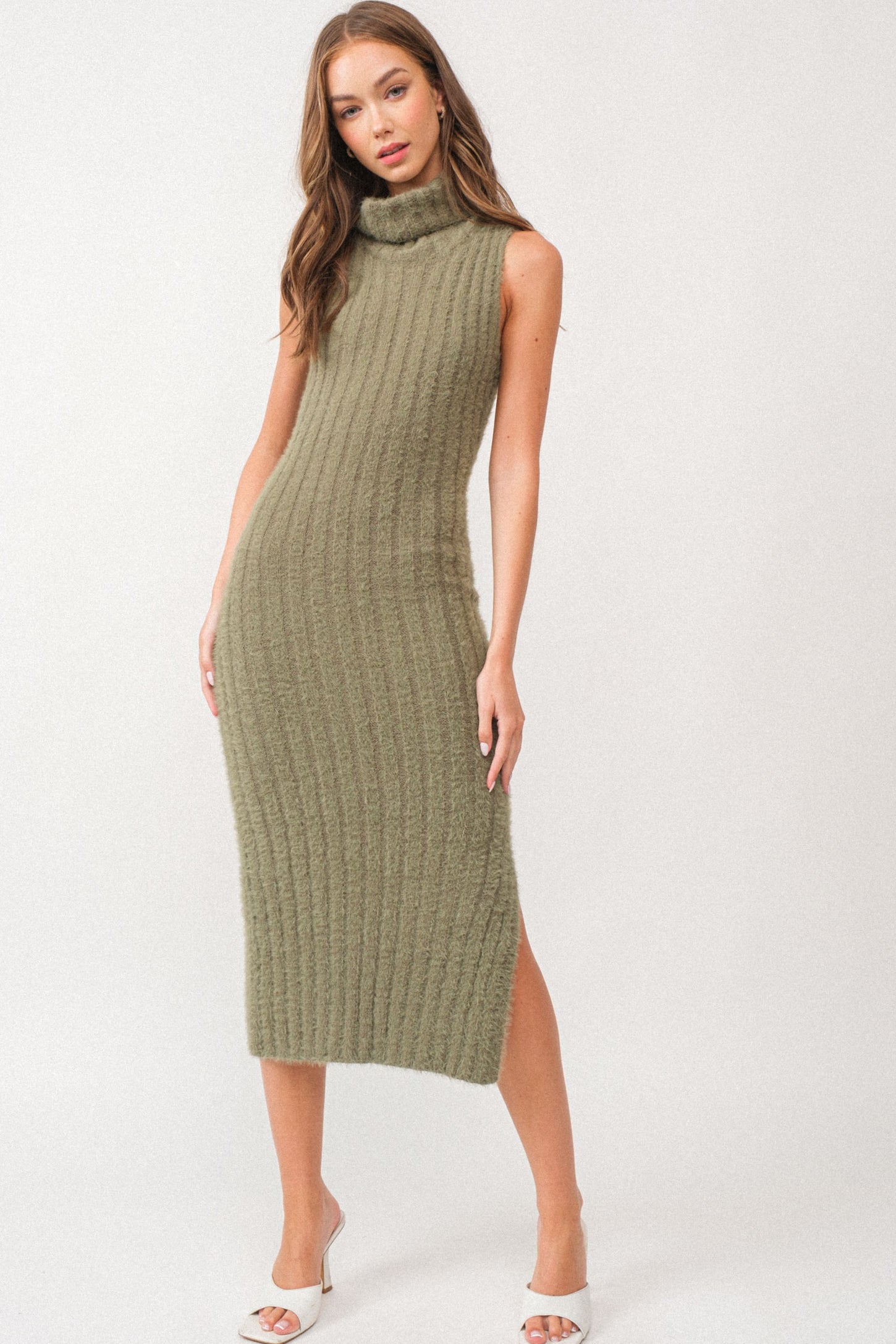 Olive Fuzzy Knit Sleeveless Turtle Neck Maternity Midi Dress