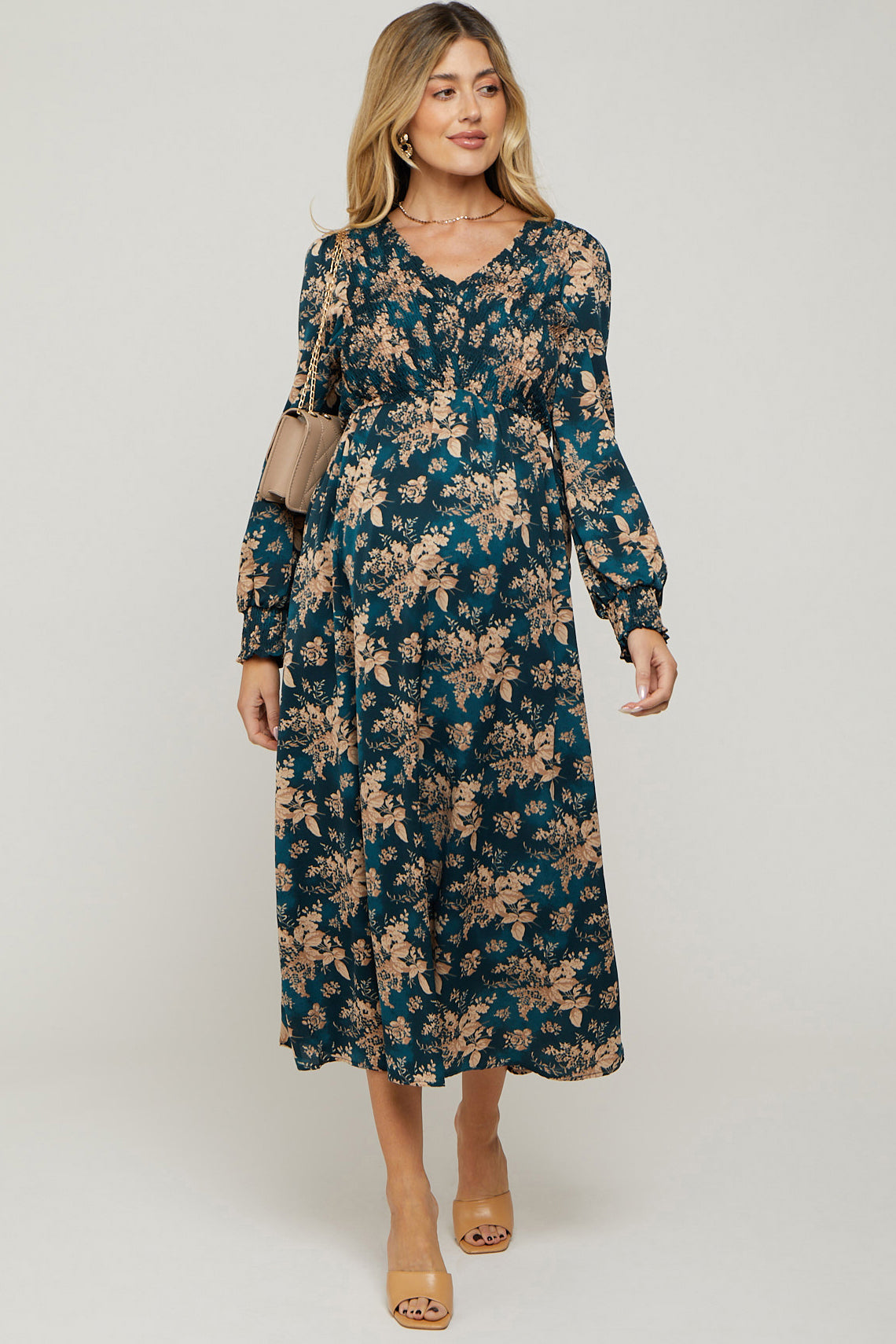 Teal Floral Long Sleeve Maternity Maxi Dress