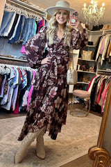 Burgundy Floral Chiffon Wrap Front Ruffle Midi Dress