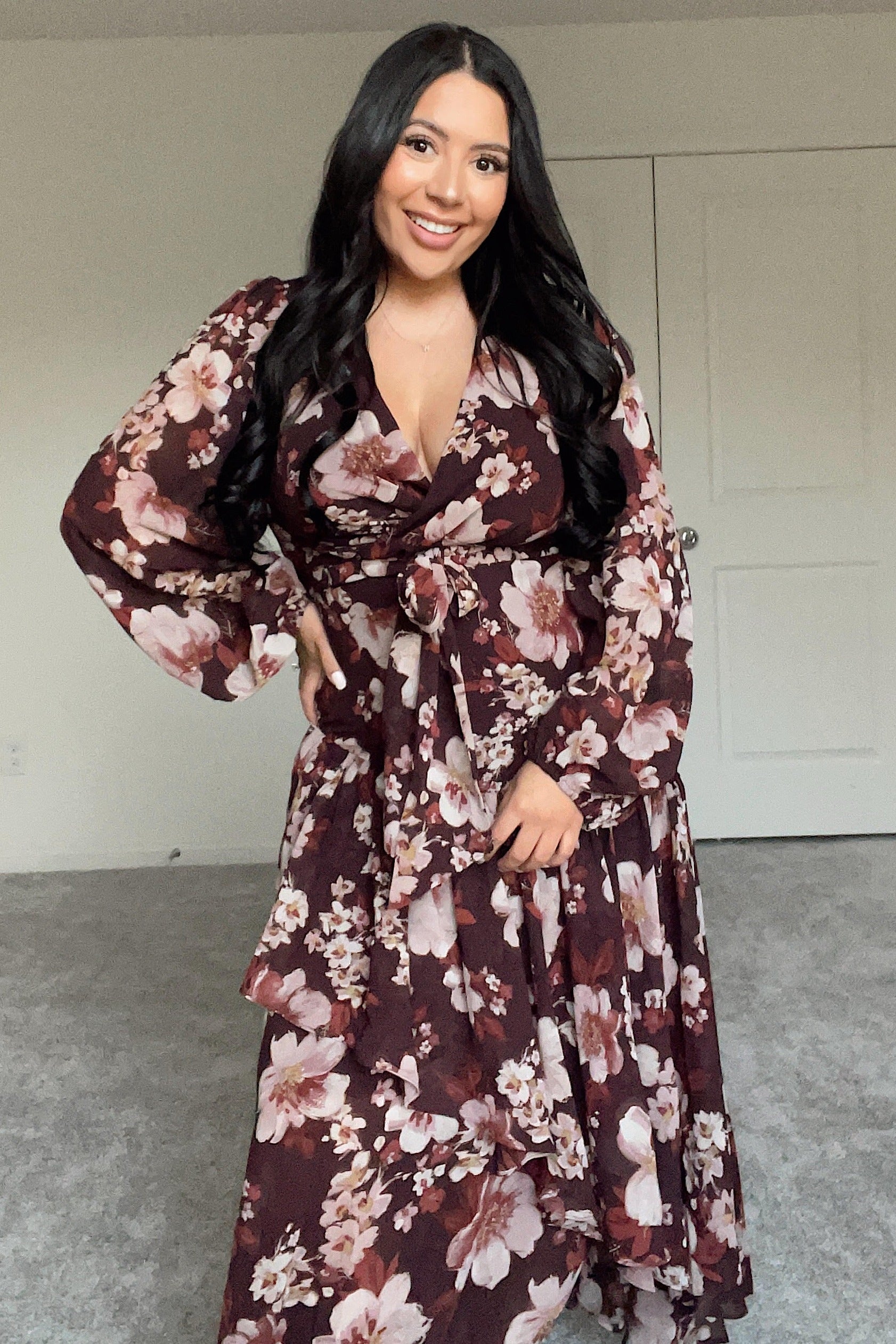 ruffle floral print midi dress in burgundy Burgundy Floral Chiffon Wrap Front Ruffle Midi Dress PinkBlush