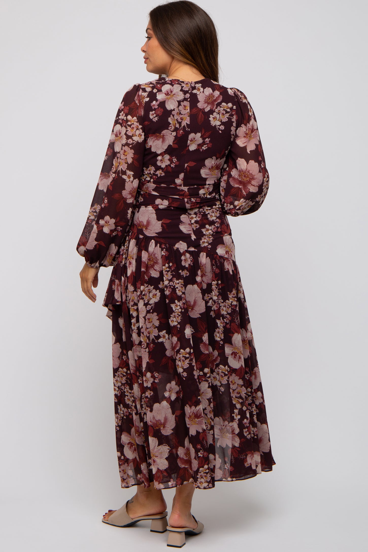 ruffle floral print midi dress in burgundy Red Floral Ruffle Slip Midi Dress