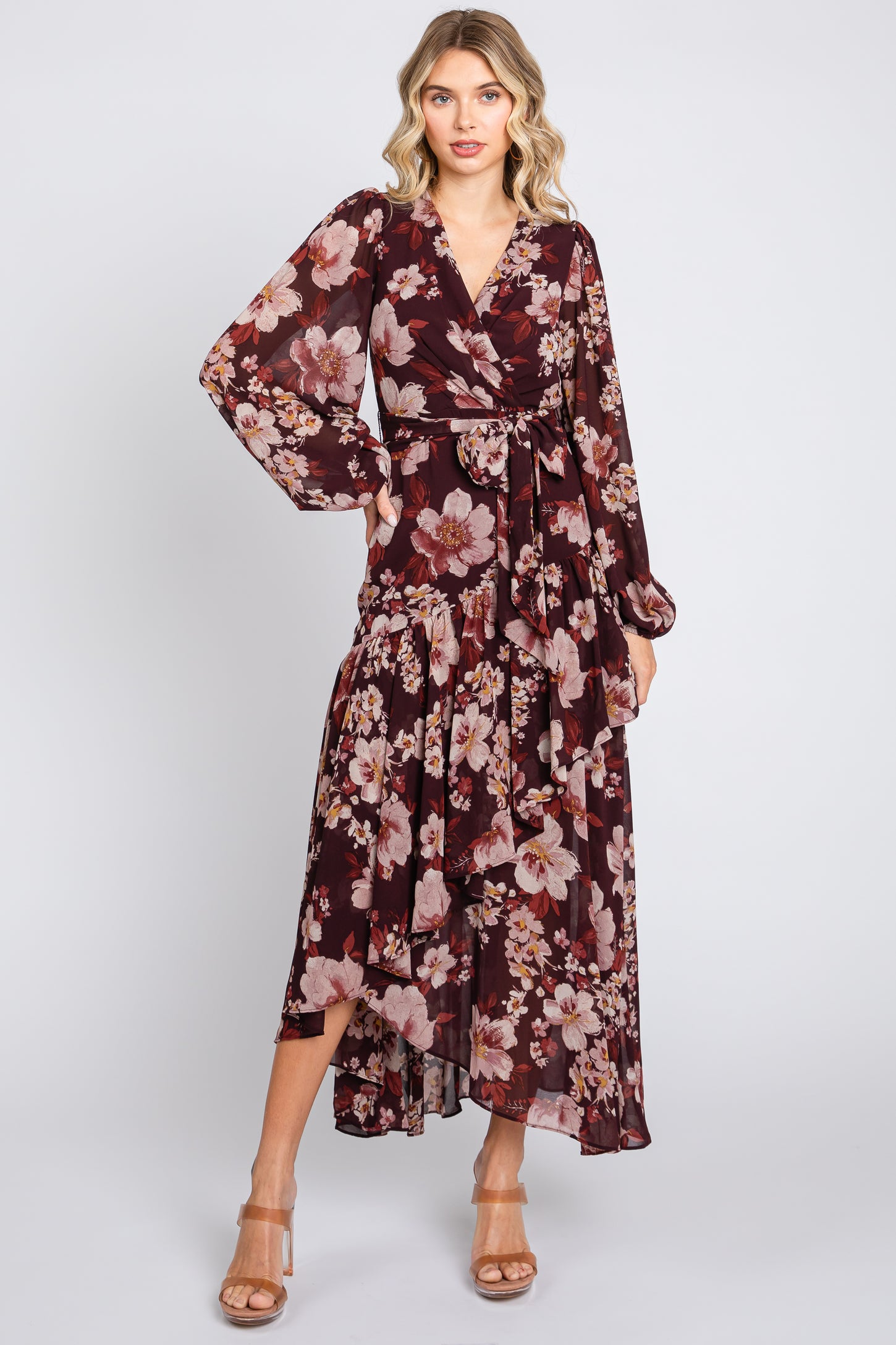 Burgundy Floral Chiffon Wrap Front Ruffle Midi Dress
