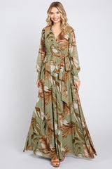 Olive Palm Print Chiffon Wrap Front V-Neck Long Sleeve Maxi Dress