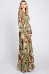 Olive Palm Print Chiffon Wrap Front V-Neck Long Sleeve Maxi Dress
