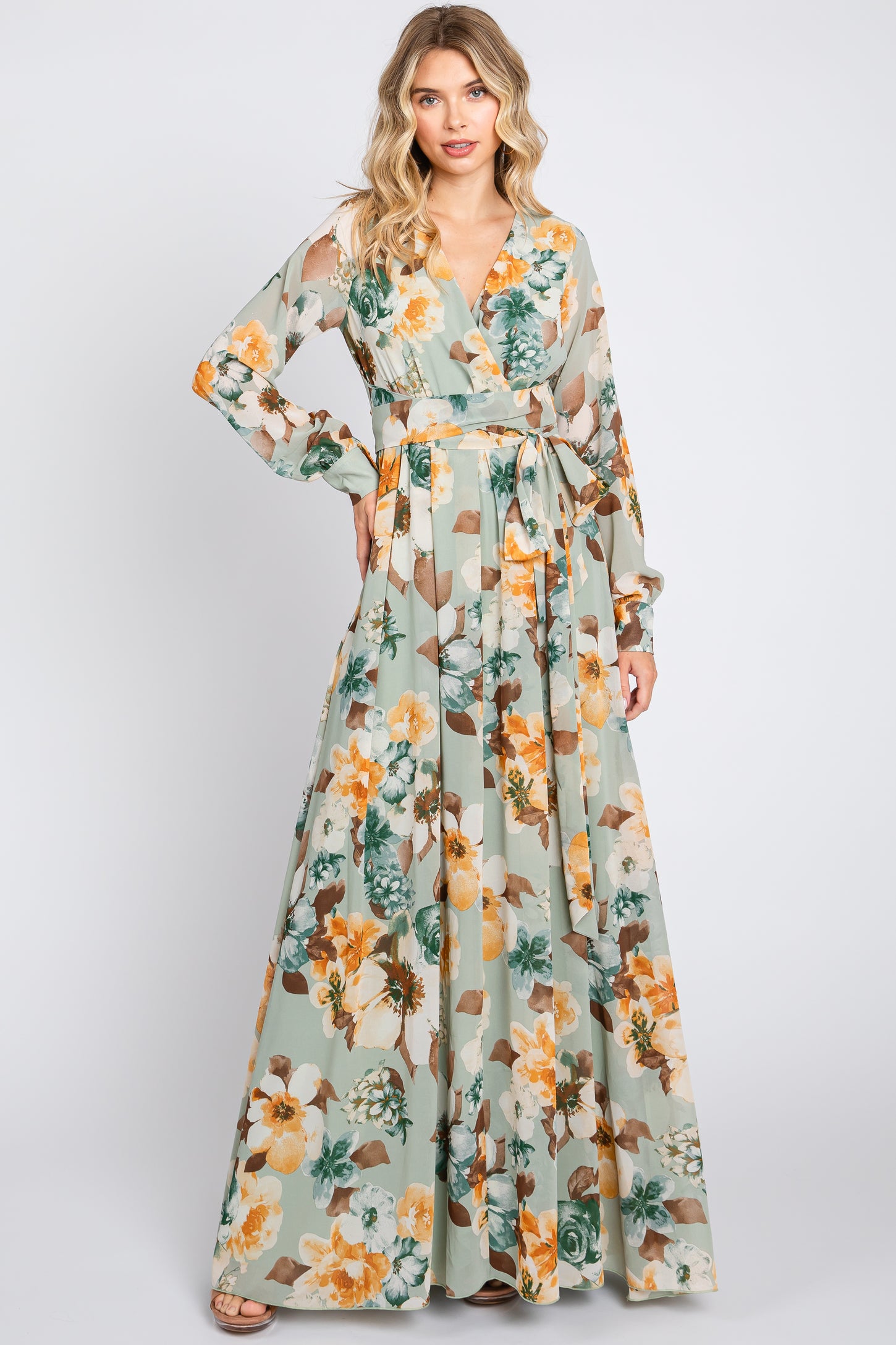 Mint Green Floral Chiffon Wrap Front V-Neck Long Sleeve Maxi Dress