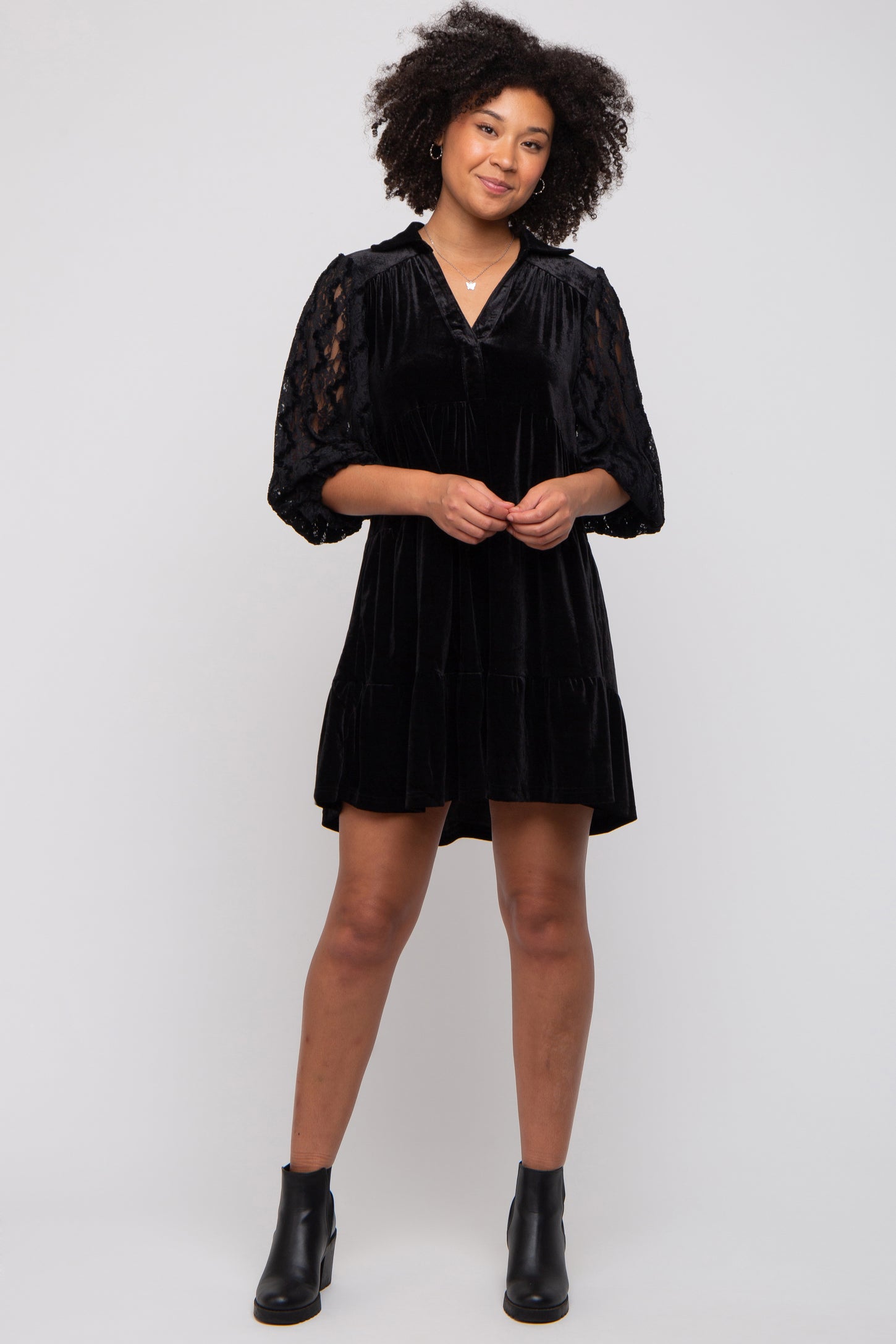 Black Velvet Lace Sleeve Collared Tiered Dress