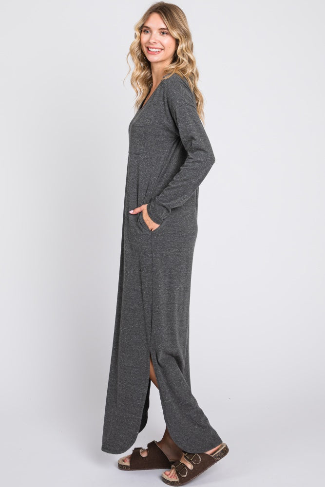 Charcoal Heathered Pocketed Long Sleeve Maxi Dress