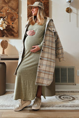 Light Olive Heathered Pocketed Long Sleeve Maternity Maxi Dress