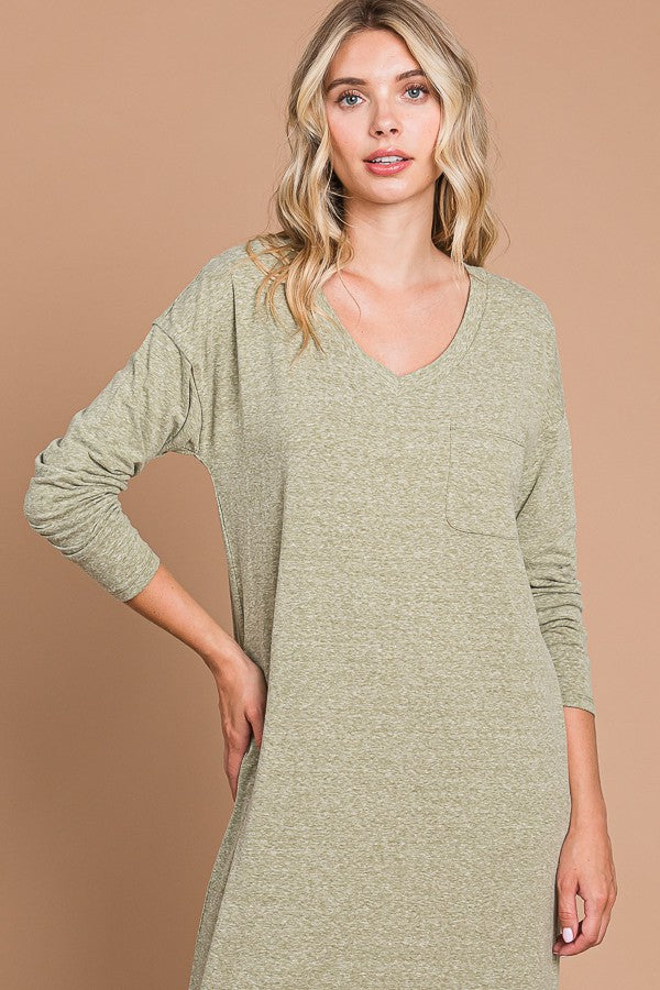 Light Olive Heathered Pocketed Long Sleeve Maxi Dress