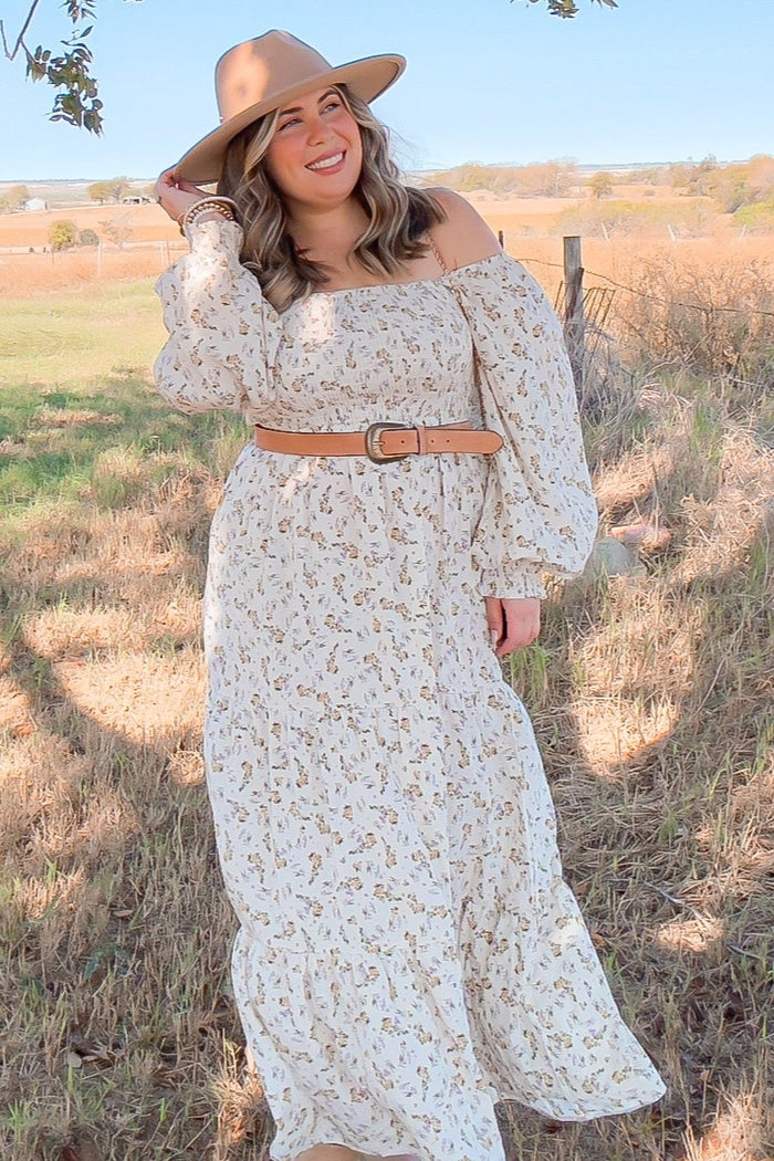 Cream Floral Smocked Long Sleeve Maxi Dress