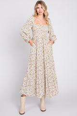 Cream Floral Smocked Long Sleeve Maxi Dress